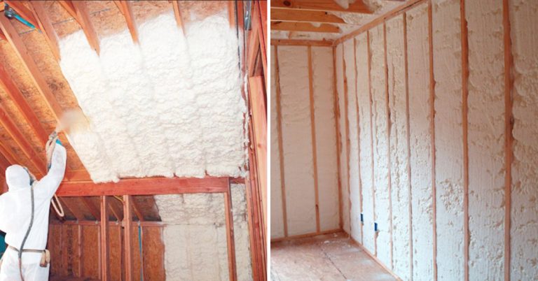 Two pictures of a man installing insulation in an attic